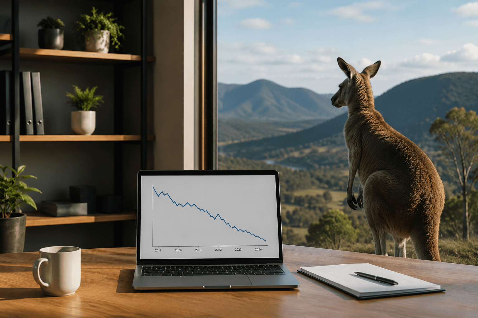 Laptop on desk with Kangaroo in background