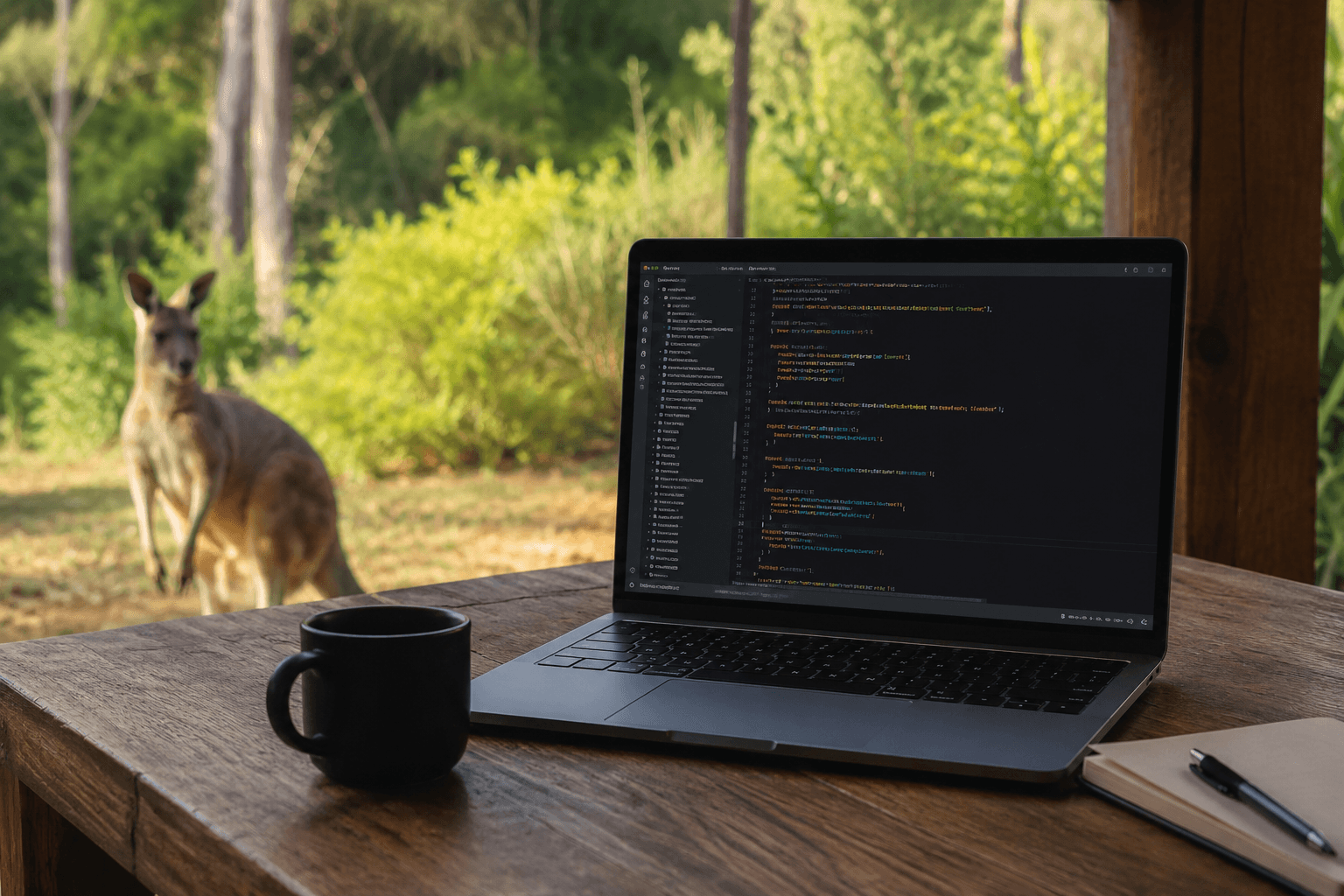 Laptop on desk with Kangaroo in background