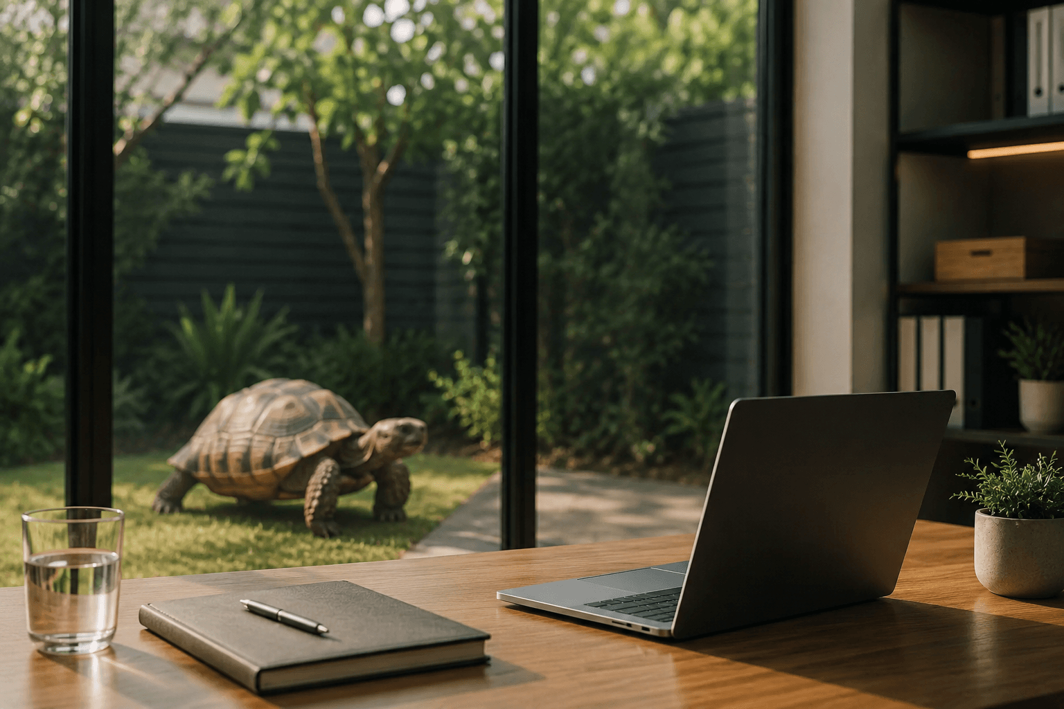 Laptop on Desk with Turtle in Background